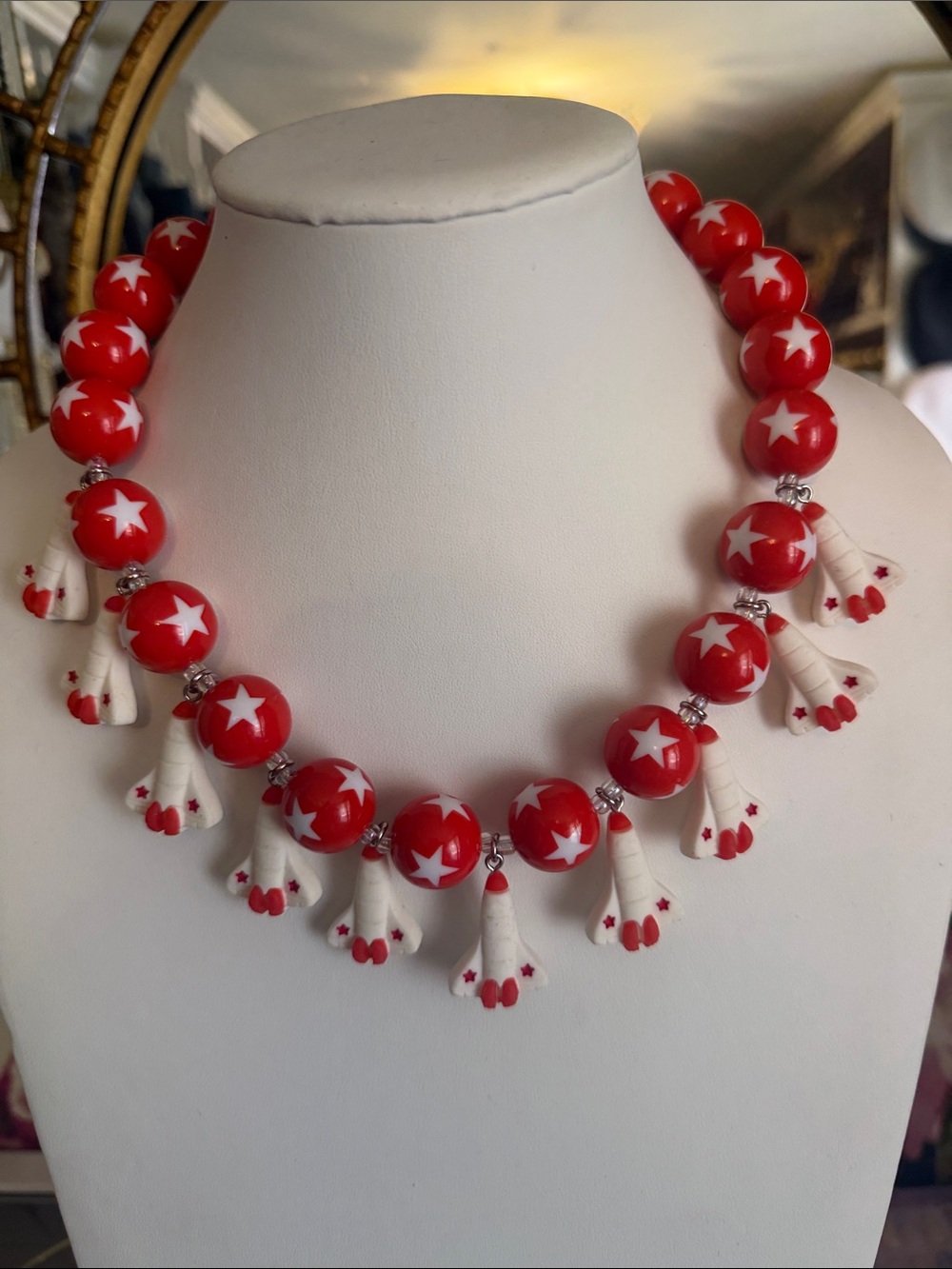 Audrey Limoges Collection Red Star Rocket Ship Statement Necklace 18"